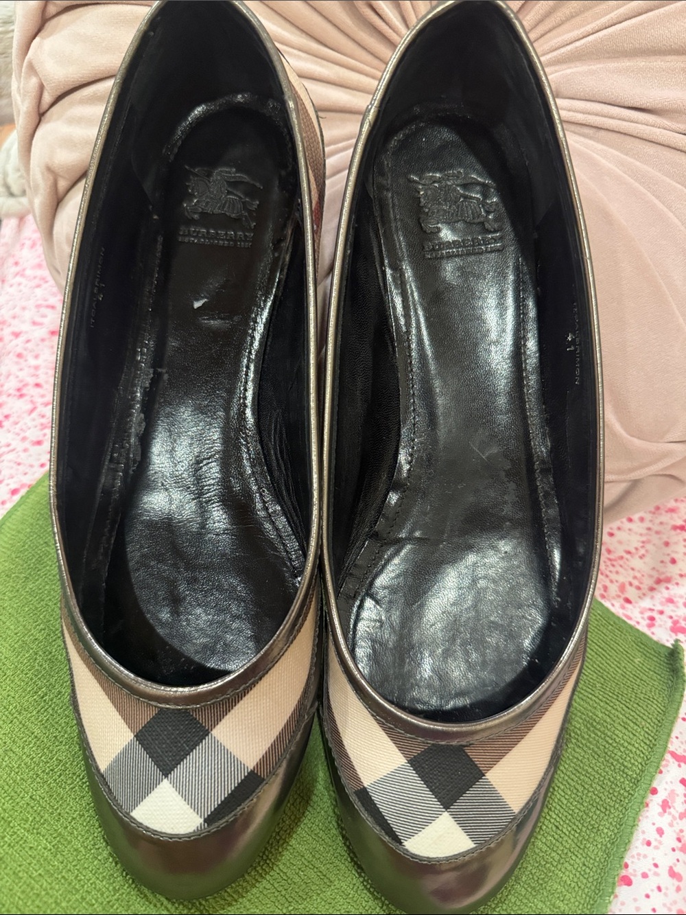 Burberry Beige Check Ballet Flats with Black Cap Toe